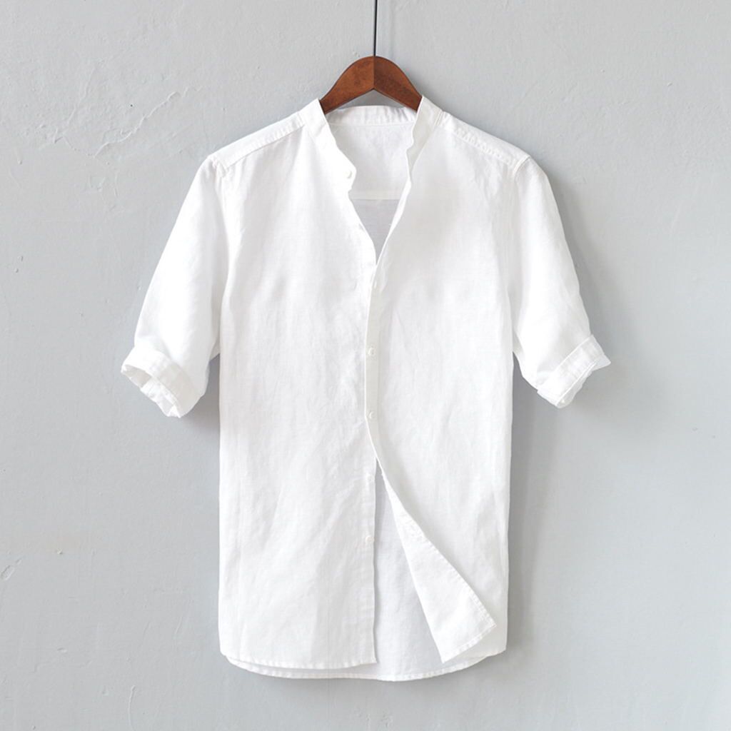 Breathable solid color button cotton and linen shirt sleeves
