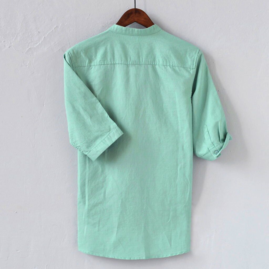Breathable solid color button cotton and linen shirt sleeves