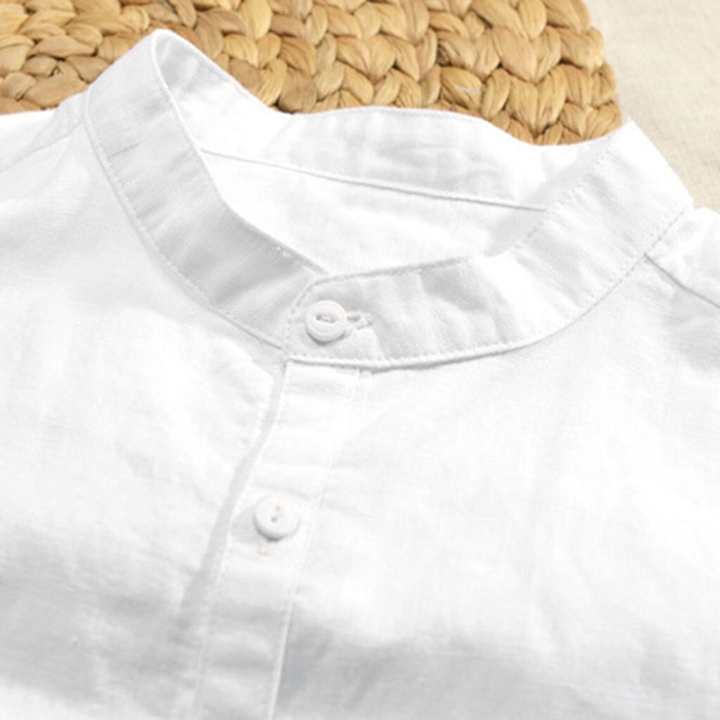 Breathable solid color button cotton and linen shirt sleeves