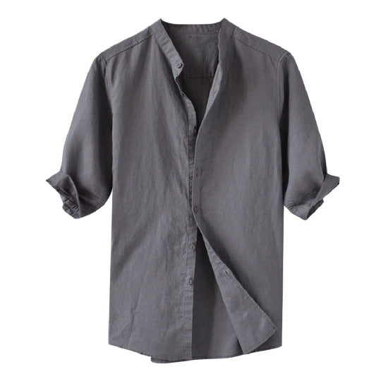 Breathable solid color button cotton and linen shirt sleeves