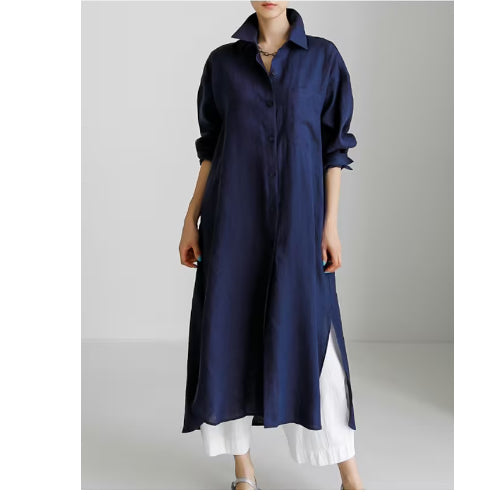 Oversized Shirt Dress Over Knee Long Slit