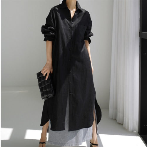 Oversized Shirt Dress Over Knee Long Slit